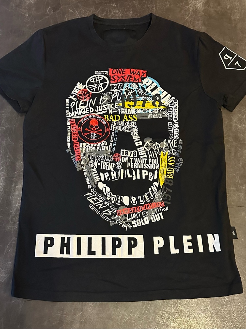 Philipp Plein Black Graphic Skull Tee with Multicolor Accents